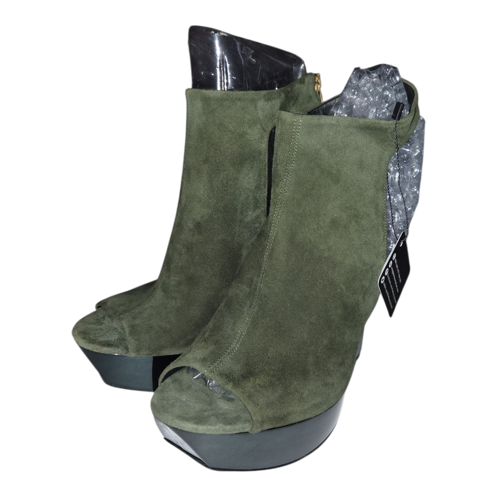 Balmain Olive Green Suede Cutout Slingback Platform Wedge Sandals – Size 9/40FR